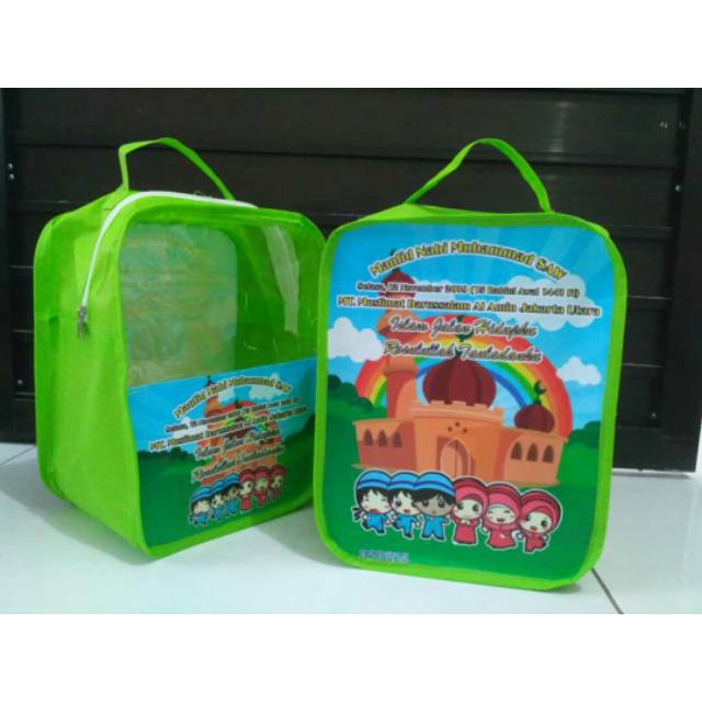 

Tas souvenir ultah/tas pelepasan TK model resleting mika print 2 sisi