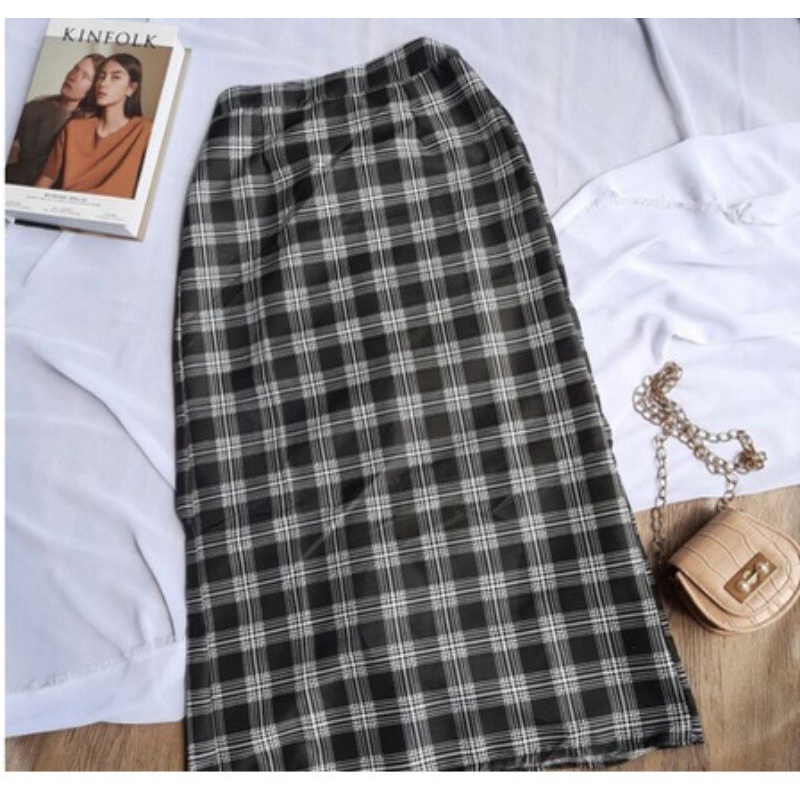 ROK SPAN TARTAN LONG SKIRT | ROK TARTAN PANJANG KOTAK KOTAK KOREAN SKIRT