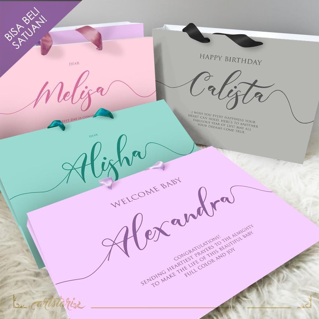 

Paperbag Polos Aneka Warna Pastel Simple Lilac Ungu muda /Tosca /Pink /Abu Custom Tulisan Bebas SATUAN Bridesmaid / Logo / Graduation / Baby Born / Happy Birthday / Haul / 40 Harian / Pengajian