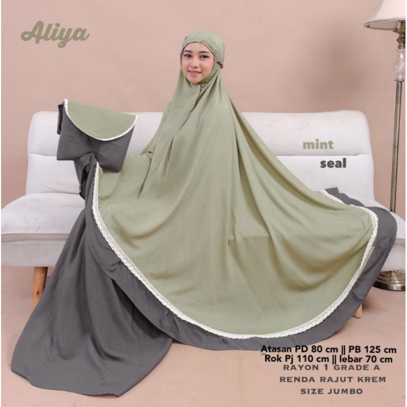 Mukena Aliya Setelan Dewasa Jumbo Katun Rayon Premium Grade A Renda Rajut 2 Warna