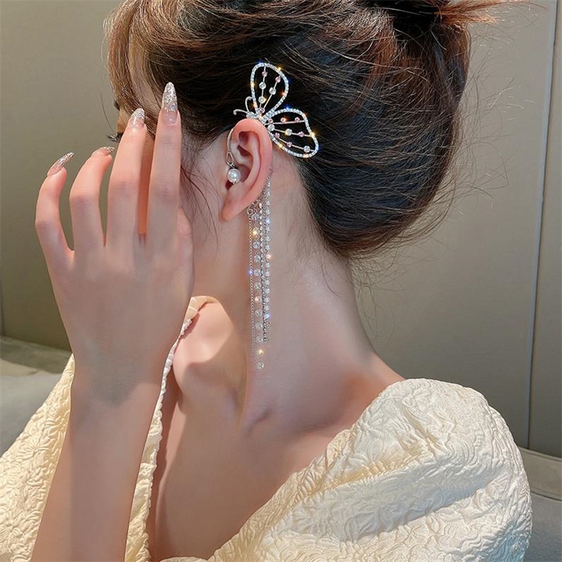 Women Elegant Super Fairy Tassel Ear Clips / Ladies Pearl Bohemia Flashing Rhinestone Hook Earrings / Bridal Wedding Party Minimalist Ear Jewelry Accessories