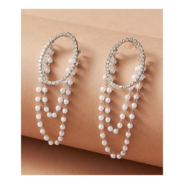 LRC Anting Tusuk Fashion Flower Gold Color Drop Oil Rose Flower Pearl And Diamond Circle Earrings