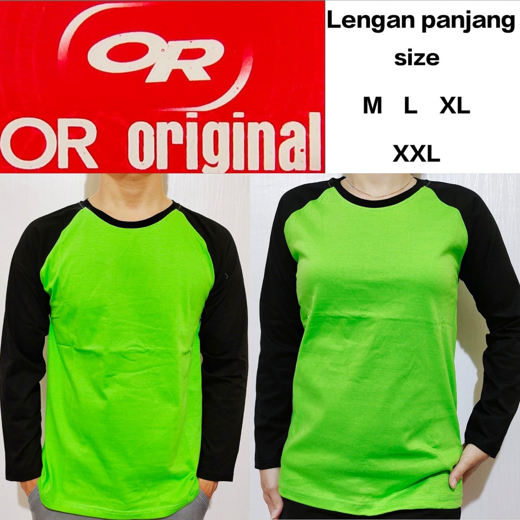 Kaos polos raglan hijau stabilo lengan hitam panjang M L XL XXL