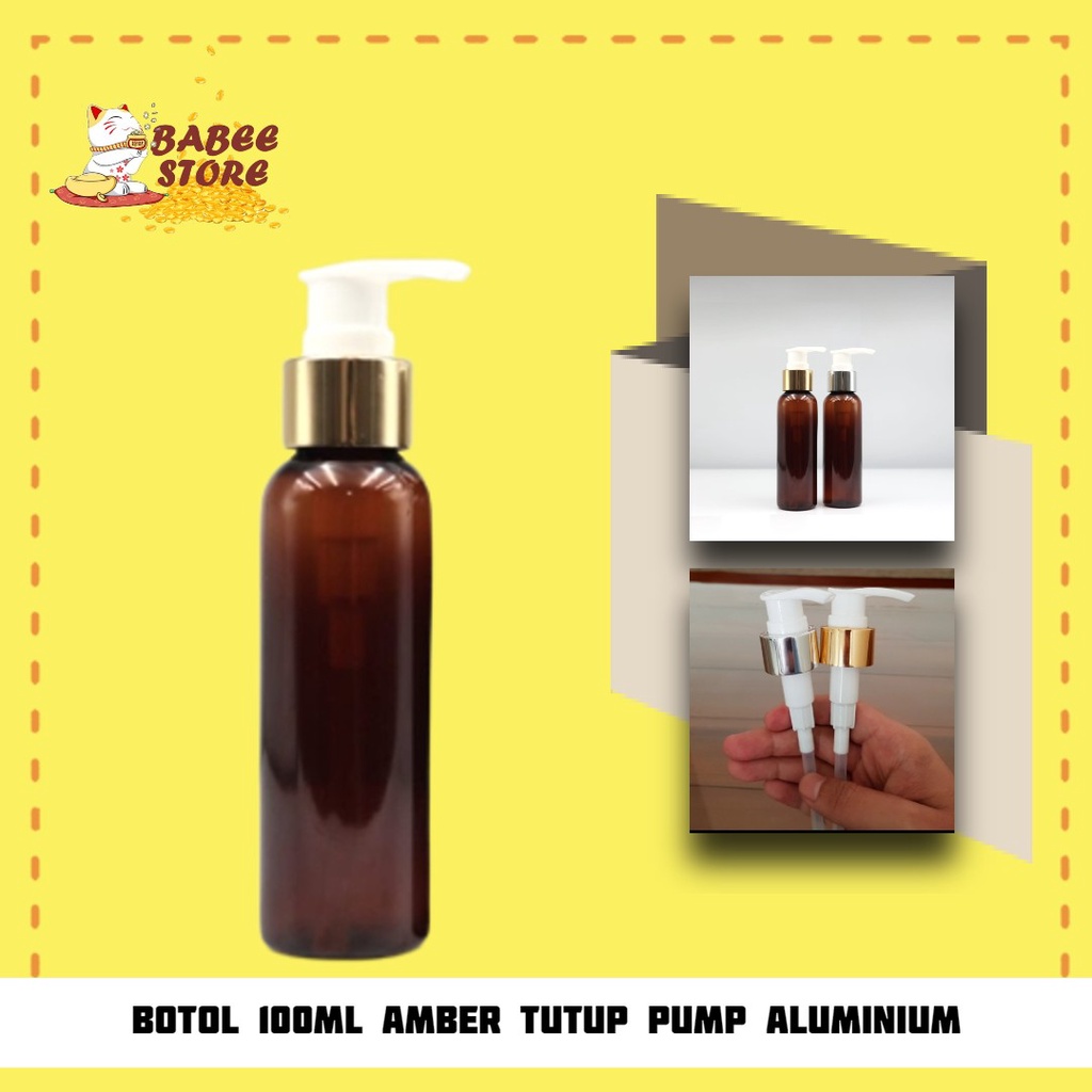 BOTOL PLASTIK 100ML AMBER TUTUP PUMP GOLD SILVER IMPORT - BOTOL PUMP GOLD 100ML AMBER