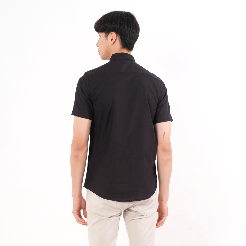 SANVANINA Kemeja Pria Polos Slim Fit Hitam | Short Basic Rami Black E-1507A