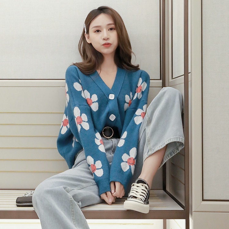 yikoo-Cardigan lengan panjang motif bunga wanita korea kardigan rajut