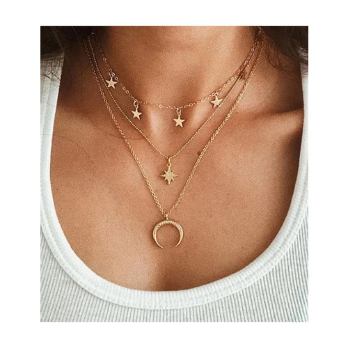 LRC Kalung Fashion Moon Alloy Star And Moon Map Multilayer Necklace P2510X