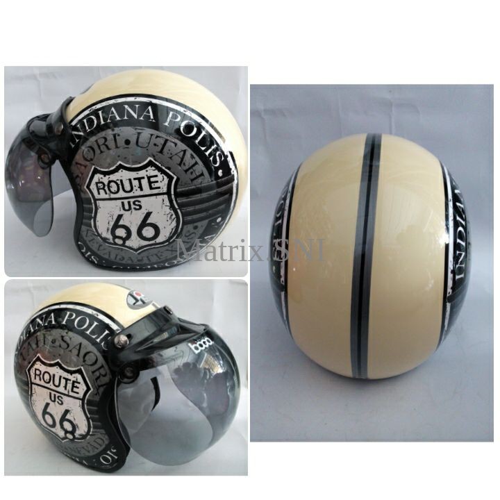 HM-2346 Helm Retro Sni Jpn Bogo Asli Motif Route 66 Krem Hitam Azuu Murah
