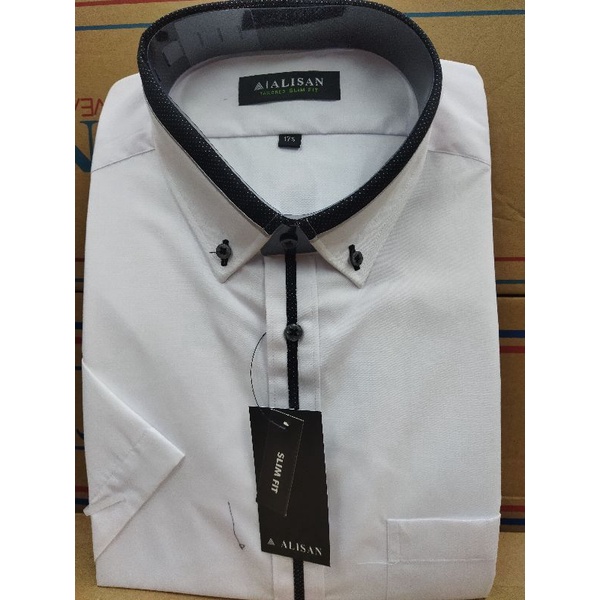kemeja Alisan Kombinasi List Hitam Warna Putih Jumbo Lengan Pendek