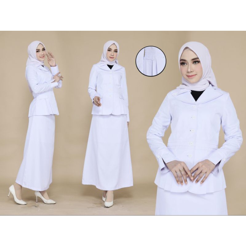 BAJU DINAS KERJA SERAGAM PERAWAT PUTIH PUTIH KRAH LIDAH ROK A FREE HIJAB