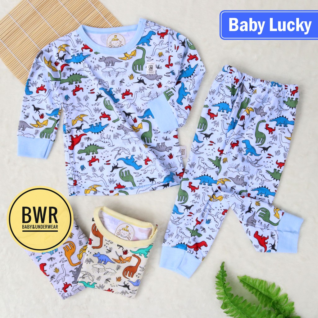 Setelan LUCKY PANJANG Motif DINO / Piyama Setelan Anak Unisex Kaos Celana Panjang | Bwr