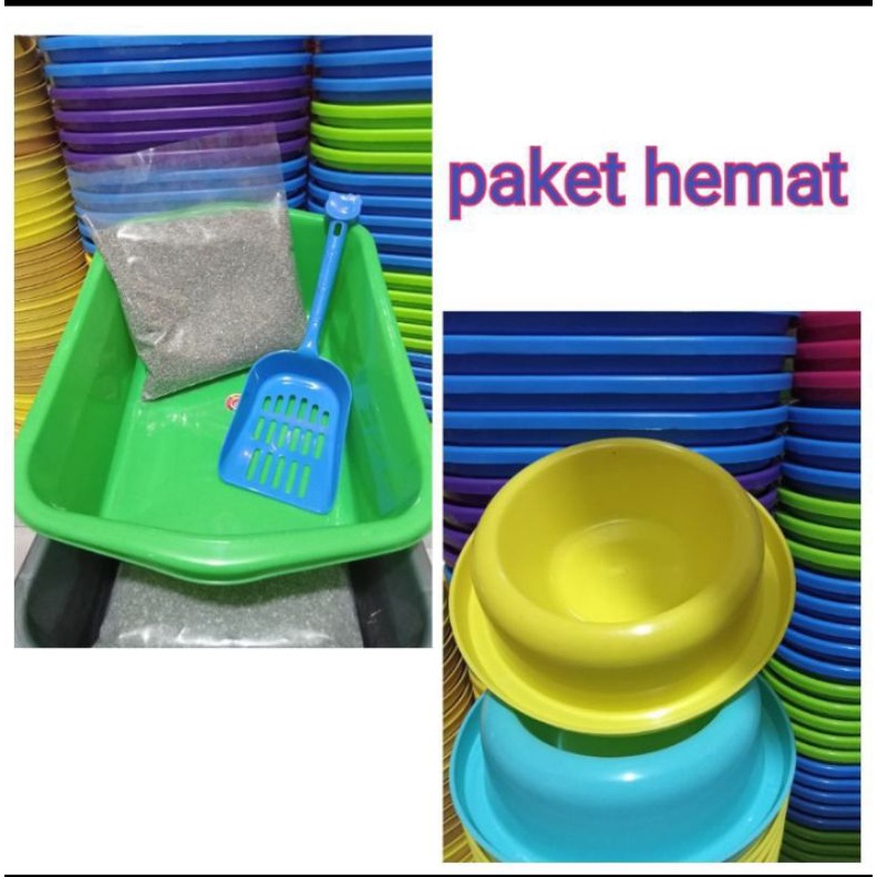 1 set toilet kucing bak pasir+pasir repak 1 kg+sekop gratis tmpt makan anti semut single