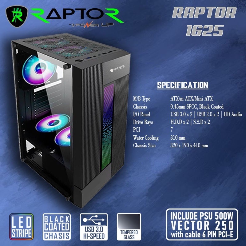 Power UP RAPTOR 1625 - Include PSU 500W Casing PC Gaming Komputer