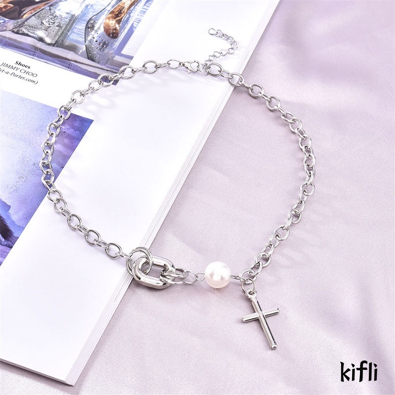 Korea Ins,Cross Kalung Mutiara,Clavicle Chain,Aksesoris Fashion Wanita