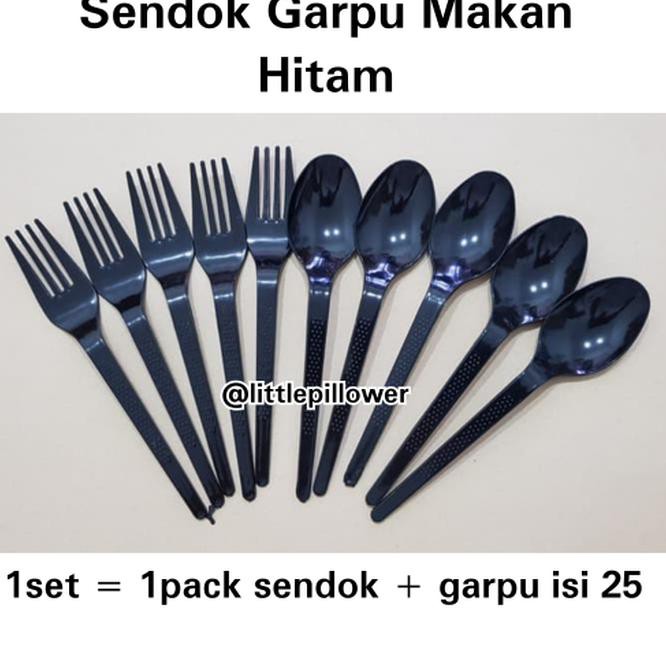 E114 1 SET SENDOK GARPU HITAM PLASTIK GROSIR (ISI 25 SENDOK + 25 GARPU) XY37