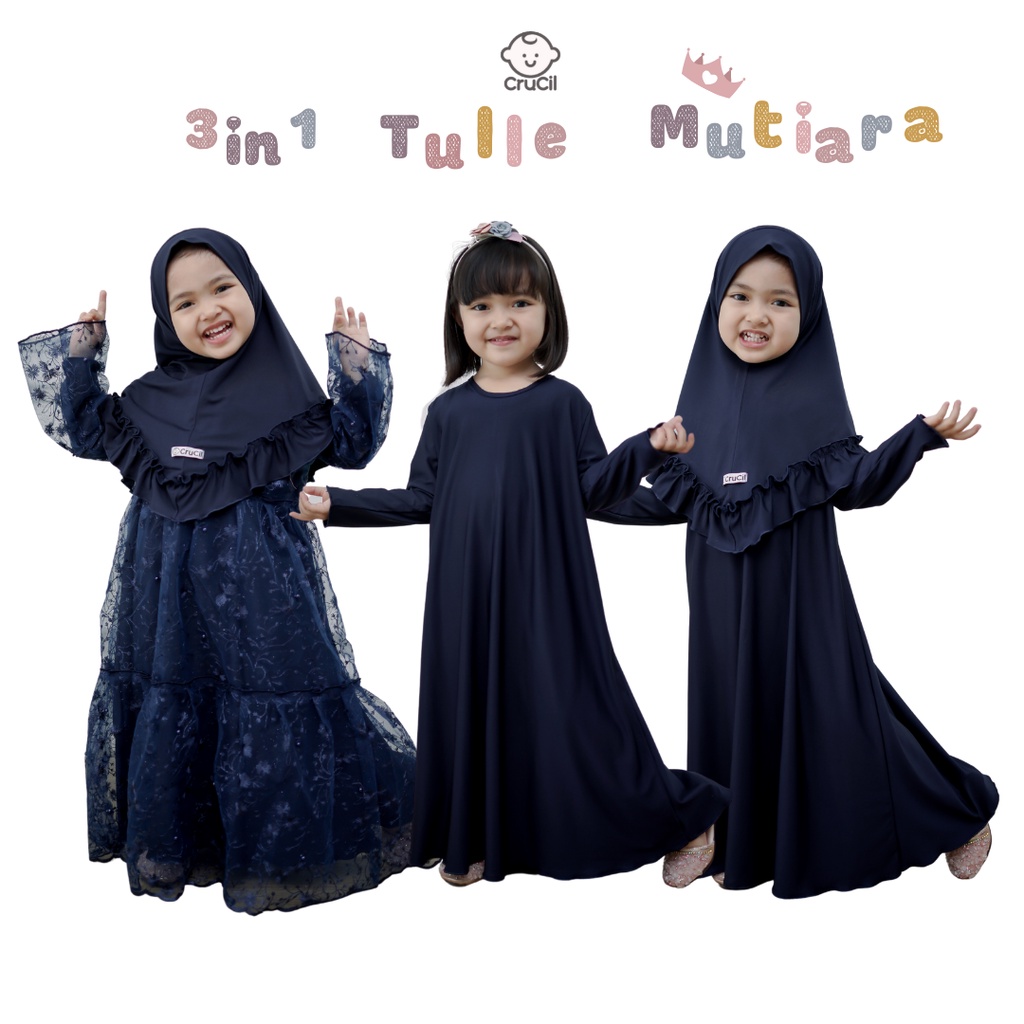 Crucil 3in1 gamis tulle mutiara Remaja (9-16y)