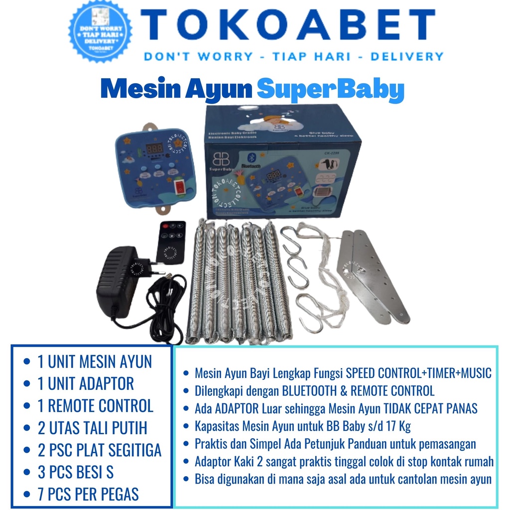 Ayunan bayi BLUETOOTH SUPERBABY FBBABY Lengkap REMOTE CONTROL dengan MUSIC TIMER SPEED CONTROL Murah dengan Per 7 dan Adaptor bisa sebagai Perlengkapan Tidur Baby sesuai Kebutuhan Bayi Lahir TOKOABET