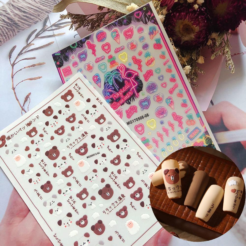 Mxbeauty Teddy Bear Stiker Kuku Wanita Hati Cherry DIY Dekorasi Kuku Manicure Tools Ice cream Self Adhesive 3D Nail Decal