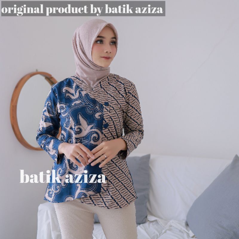Batik wanita Atasan Batik Couple Batik Lengan Panjang by BATIK AZIZA-Blus Kangkung Biru