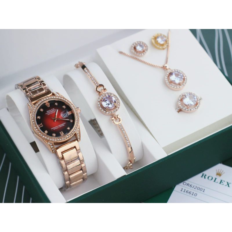 Jam Tangan Fashion Wanita Rolex Romawi 061-ATB3 Rantai Set Gelang, Cincin, Kalung, Anting, Box - COD