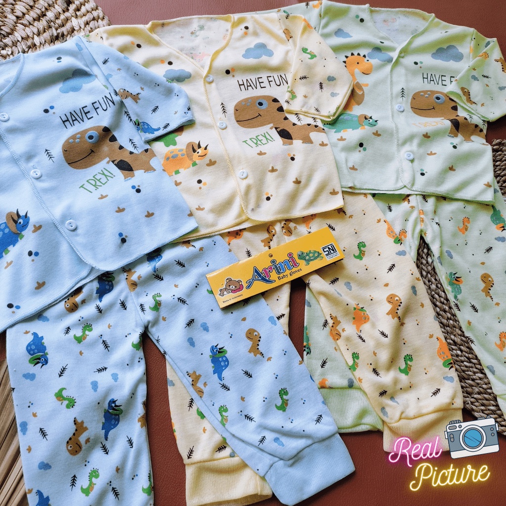 3 Baju Bayi Setelan Lengan Panjang Kancing Depan Bayi Newborn usia 0-3 Bulan Motip Dinosaurus