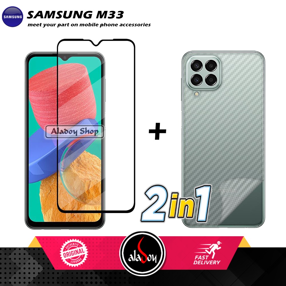 PAKET 2 IN 1 Tempered Glass Layar Samsung M33 2022 + Skin Carbon Film 3D