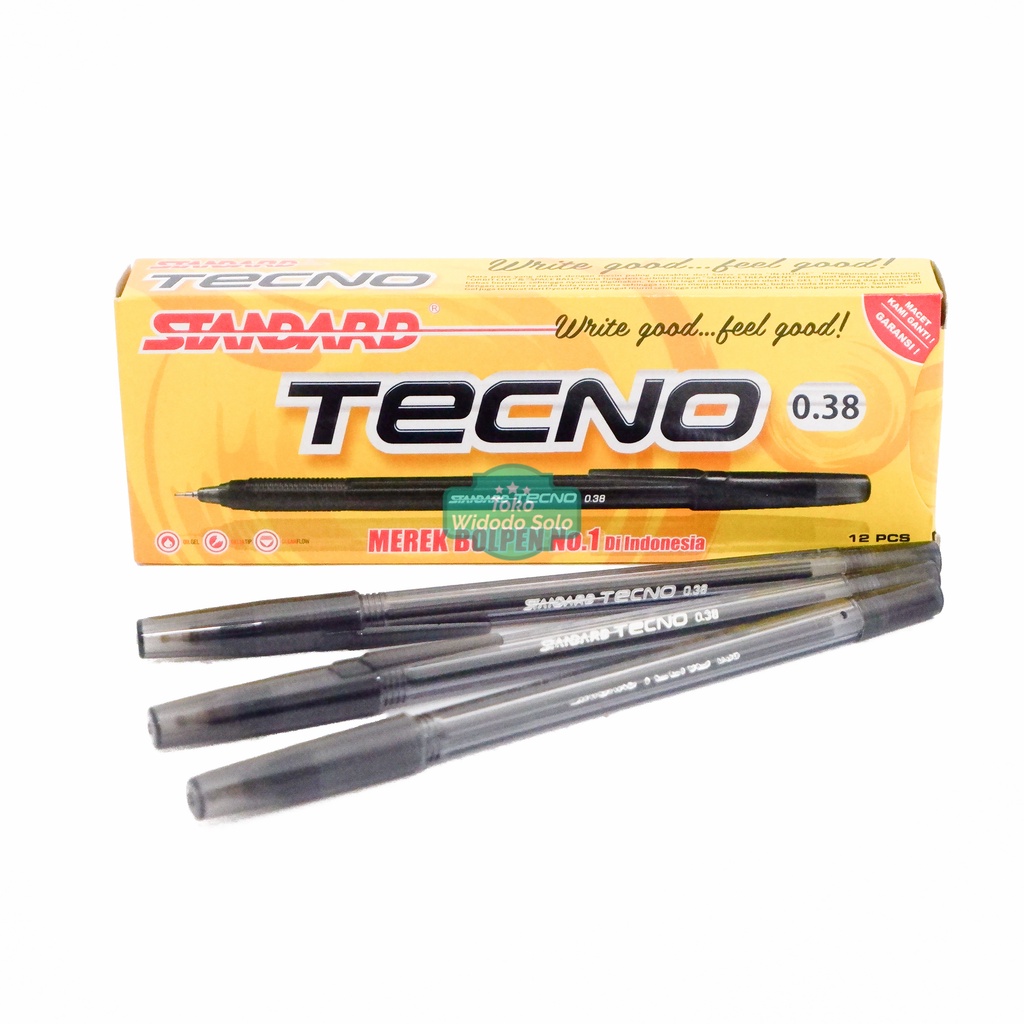 

1 LUSIN Pulpen Standard Tecno 0,38mm Hitam Ballpoint - 1 Pack Isi 12 Buah