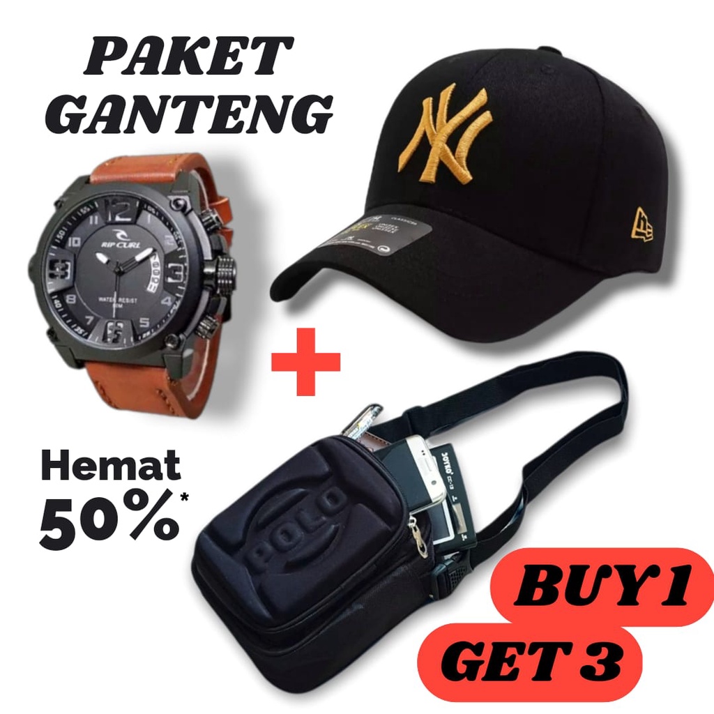jam tangan pria PAKET GANTENG Paket bundling 3 in 1 tali kulit gratis Tas dan TopiBeli terbaru grati