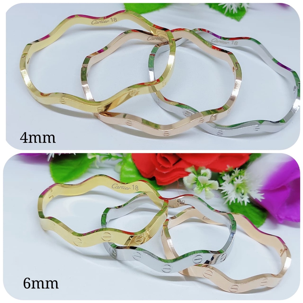 Titanium gelang dan cincin berbentuk gelombang perhiasan fashion （lebar6mm dan 4mm) 9973