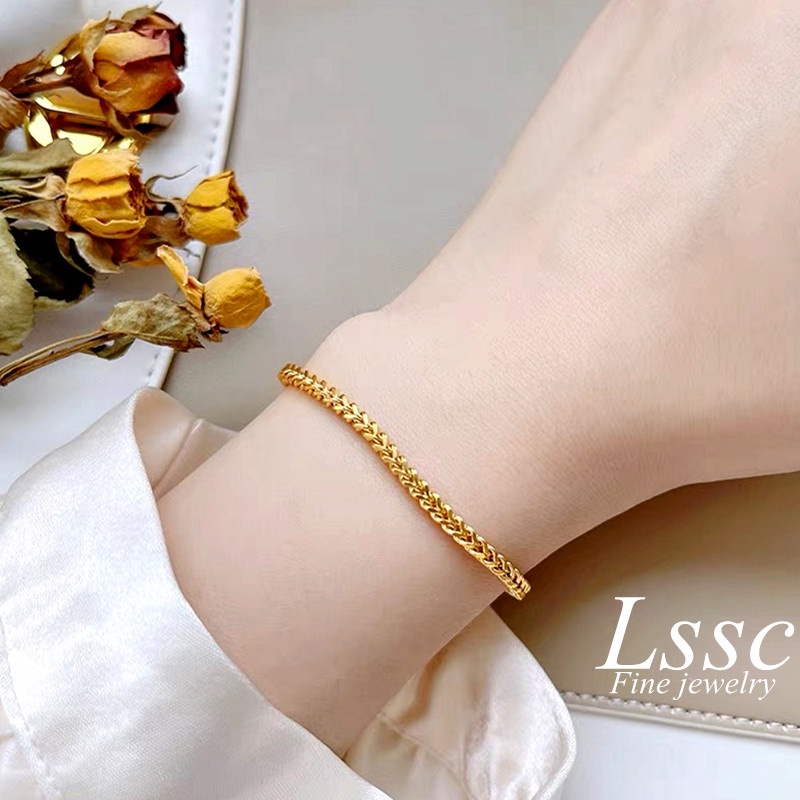 Gelang Titanium Serut Lapis Emas 18K Wanita Anti Karat Aksesoris Korea