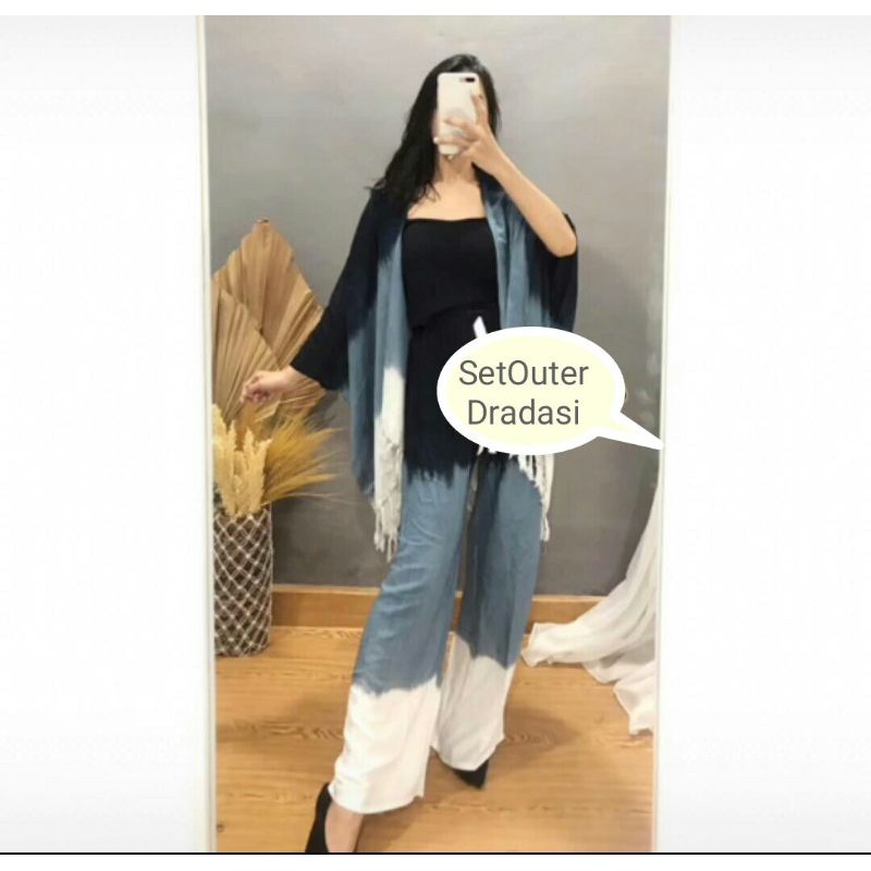 SET OUTER CARDIGAN TIE DYE KARDIGAN TIE DIE TIEDYE-Gradasi hitam