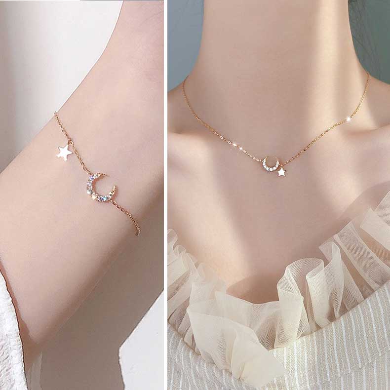 Gaya korea Gelang Kalung Liontin Zirkon Berlian Bintang Bulan S925 Perak Emas Wanita Fashion Perhiasan Bracelet Necklace