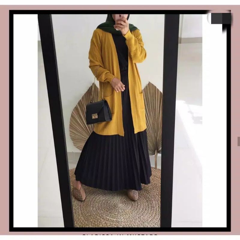 Cardigan panjang rajut dua saku all size-Mustard