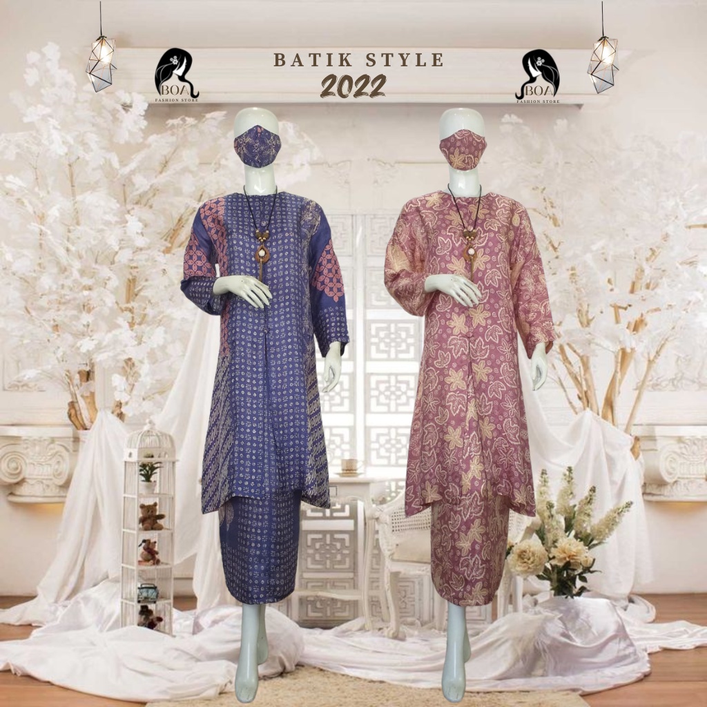 Setelan Batik Wanita Kebaya Bahan Batik Viscose Premium/Semi Sutra Modern Model  Blouse Kancing Depan Rok Instan  Masker Motif