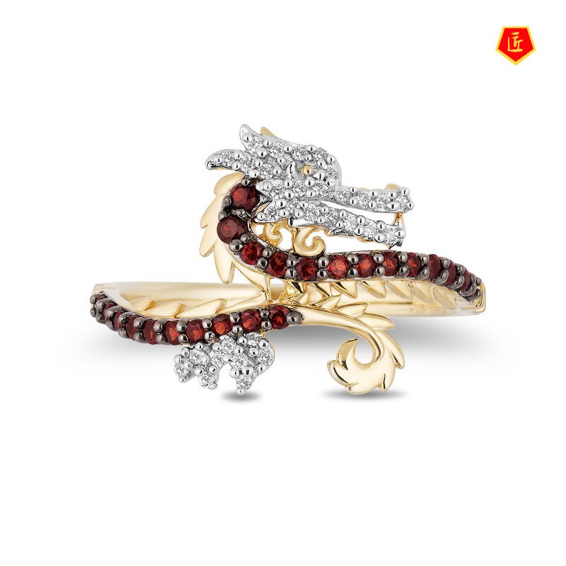 [Ready Stock]Refined Personalized 18K Gold Full Diamond Chinese Dragon Ring