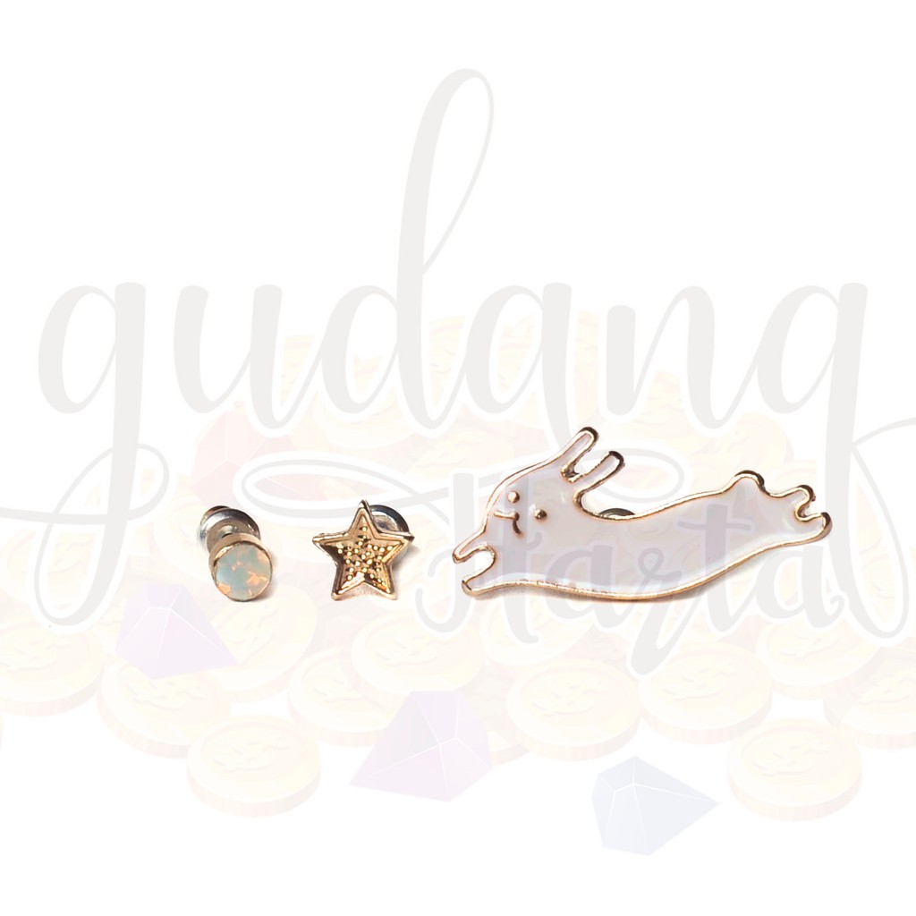 Anting Tusuk White Rabbit Kelinci Grey Cat Lucu Kucing Isi 3 Asimetris GH 203190