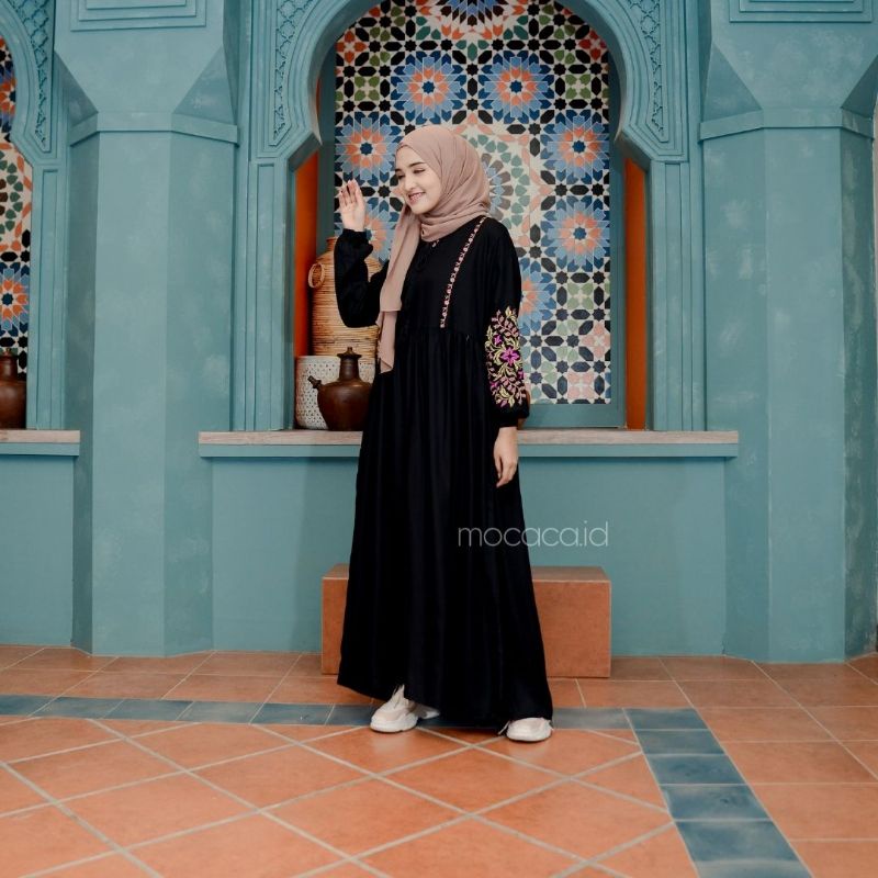 Dress Putih Bordir Premium Cantik Lengan Balon cocok untuk hari raya ramadhan lebaran model etnik dan klasik black hitam