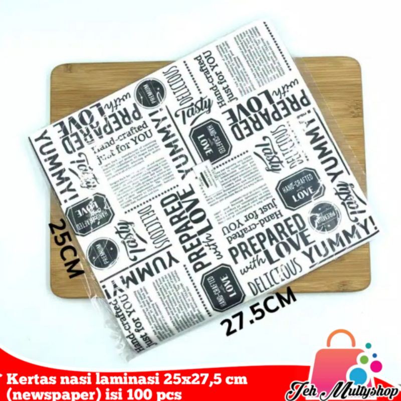 

Kertas nasi laminasi 25x27,5 cm (newspaper,bread, yellow food,banana leaf,love) isi 100 pcs