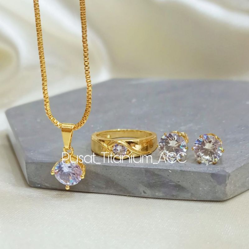 SET TITANIUM PERMATA SATU SEMI DIAMOND P10404 ANTI KARAT PERHIASAN EMAS KOREA TRENDY