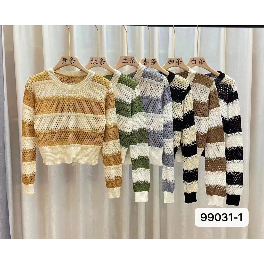 Hwasa Knit Top Stripes Import - Top Crop Blouse Knitwear - Atasan Wanita Rajut Import TM (99031-1)