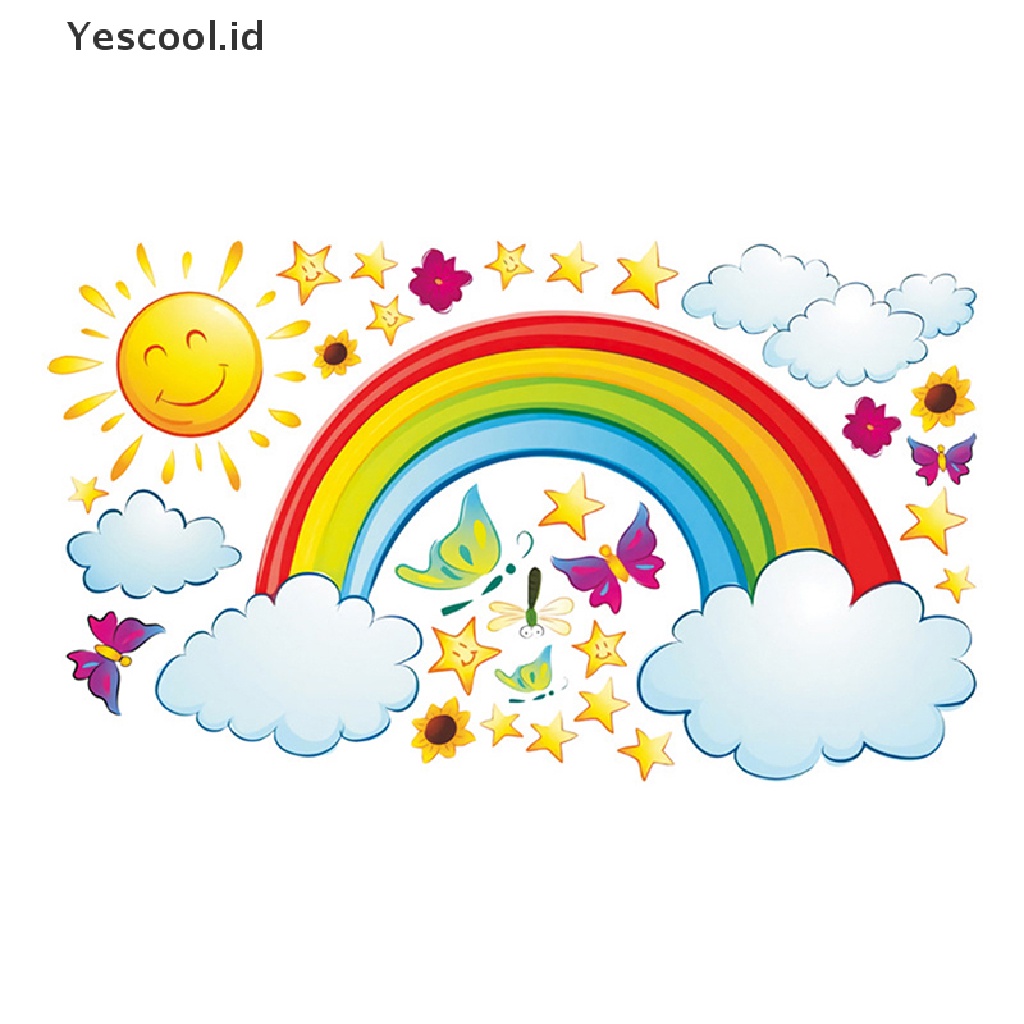 【Yescool】 Pretty Shining Stars On Rainbow Cloud Butterflies Wall Stickers Room Decor Decal .