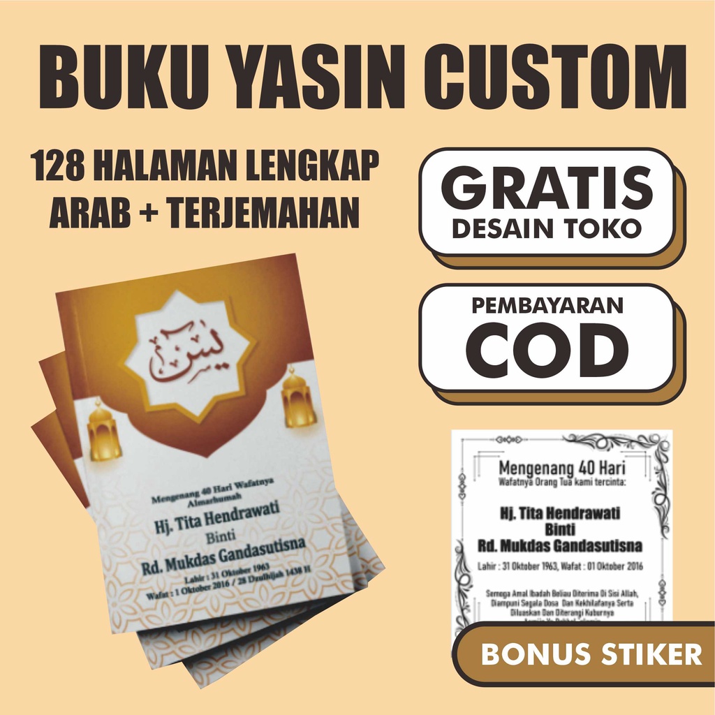 Buku Yasin 128 Halaman Custom dan Tahlil Softcover Gratis Desain, Foto dalam, Gratis Stiker Kotak Na