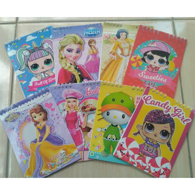 

buku memo spiral karakter isi 30 lembar karakter Lol , Princess , Hello Kitty , Frozen