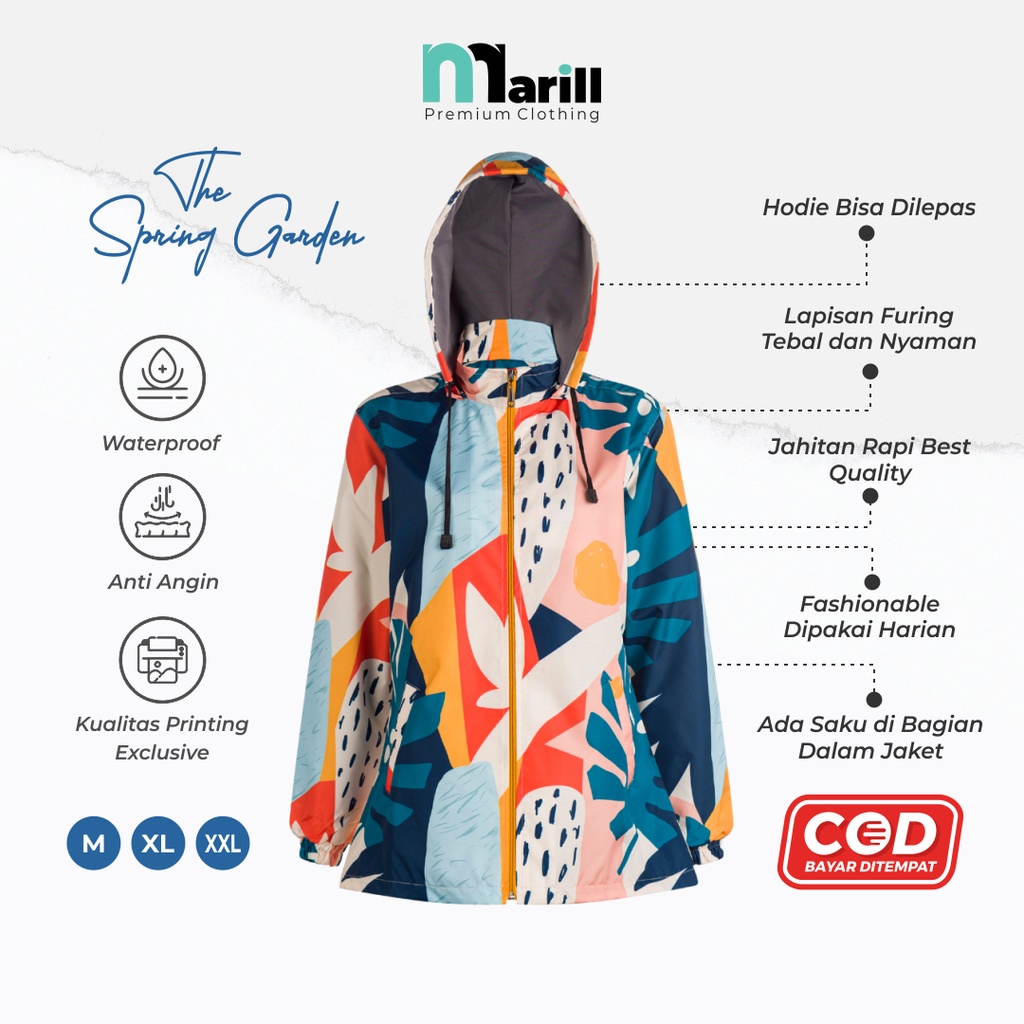 Jaket Parasut Parasit Anti Tahan Air Angin Motor Panjang Long Jacket Wanita Printing Motif The Spring Garden Perempuan Cewe Cewek Girl Resleting