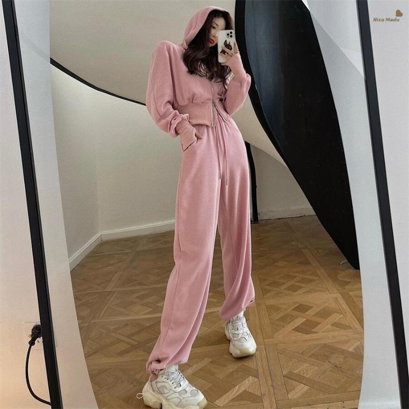 import] Zip Hooded Pendek Cardigan Sweater Jaket Wanita Atasan Olahraga Kasual Lengan Panjang Merah