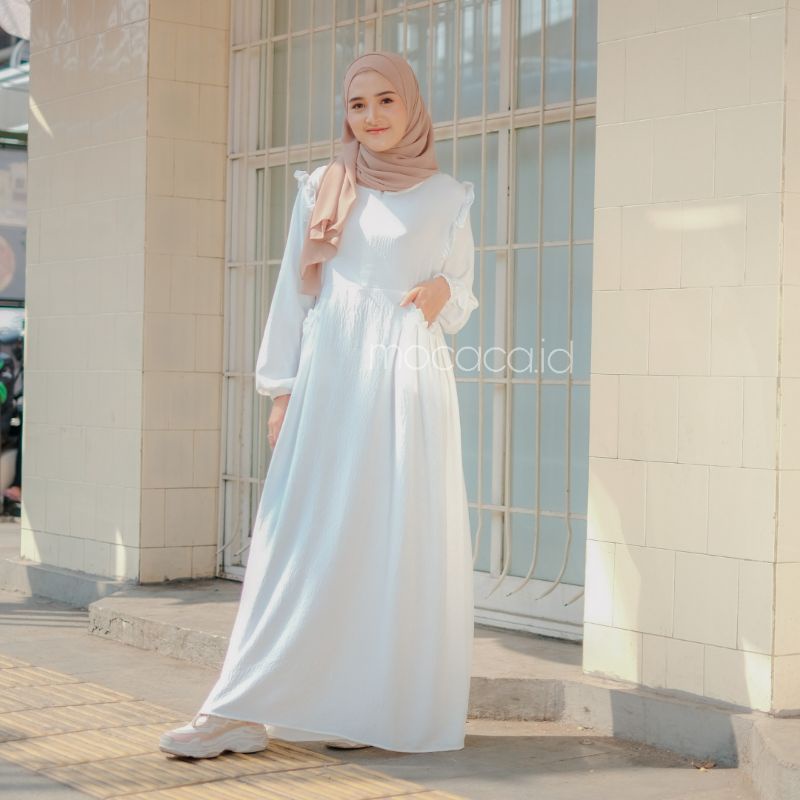 dress putih tulang hitam crincle premium renda dada busui friendly model rok payung sleting depan adem tidak menerawang gamis elegan