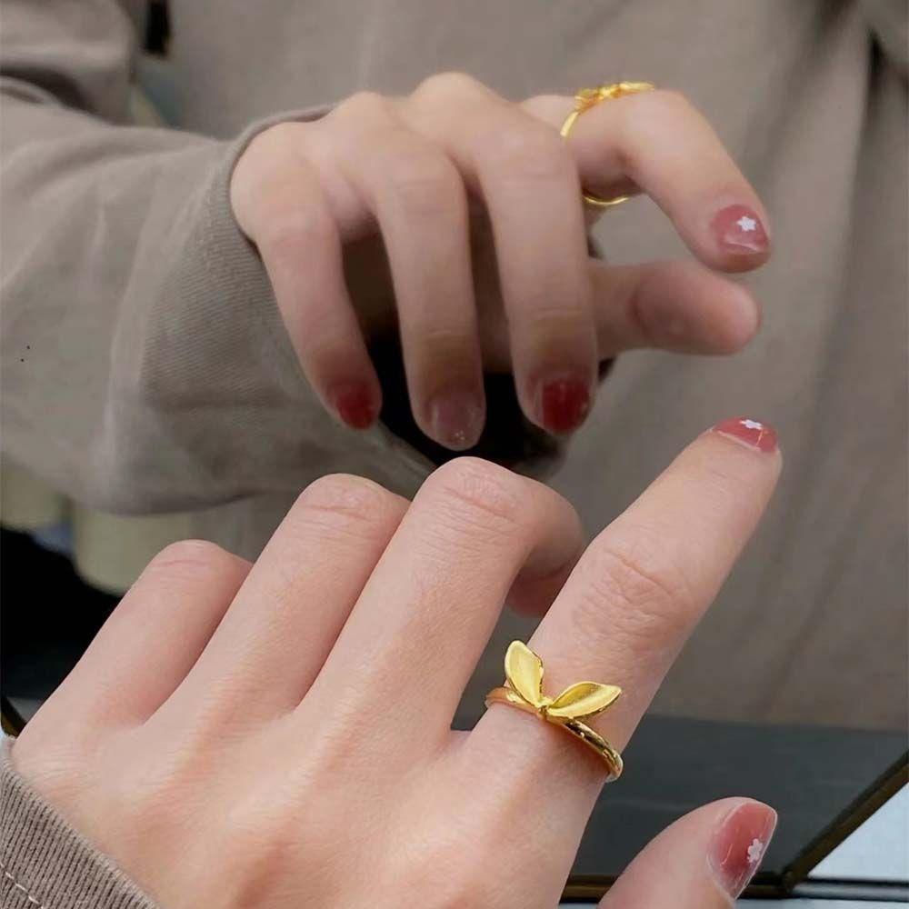 Mxbeauty Warna Emas Terbuka Cincin Mewah Retro Telinga Kelinci Busur Tembaga Vintage Knuckle Ring