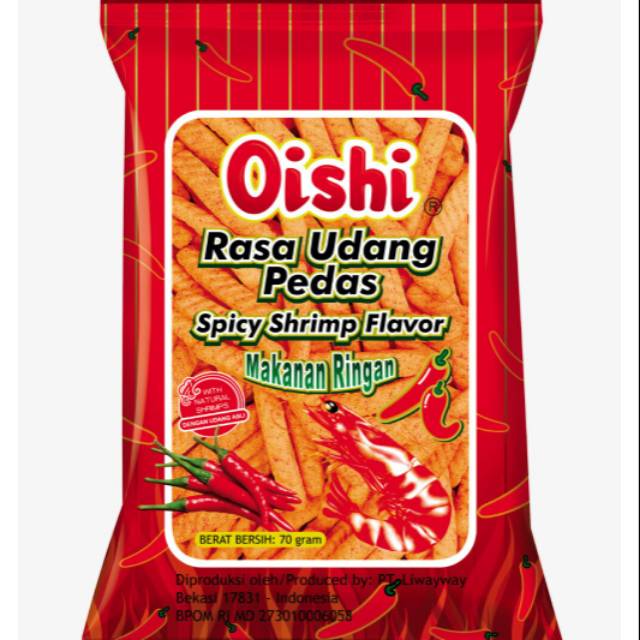 

Oishi spicy shrimp flavor Rasa udang pedas 65 gram