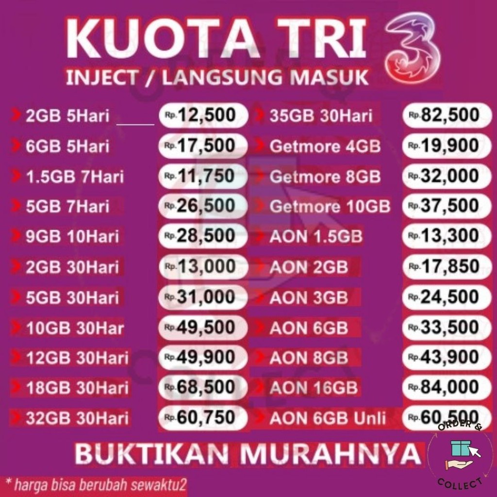 TERMURAH Kuota Three Tri Kuota Internet 3 Inject Aon 1GB 2GB 3GB 4GB 6GB 10GB 18GB 22GB Unlimited Pr
