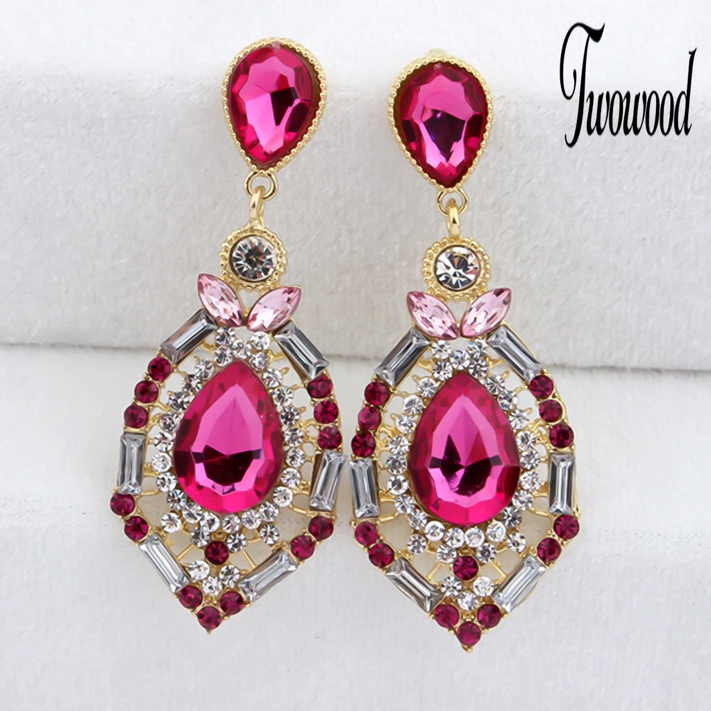 Anting Juntai Bentuk Teardrop Bahan Zinc Alloy Aksen Berlian Imitasi Untuk Wanita